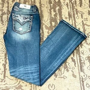 MissMe mid rise bootcut embellished denim jeans.